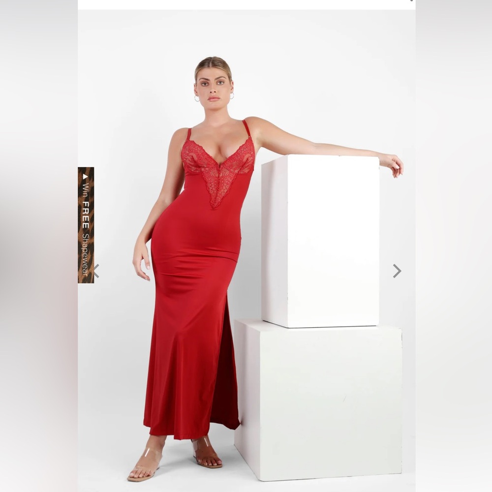 🆕POPILUSH Shapewear Lace V Neck Side Slit Slimming Maxi Slip Dress Red SMALL new